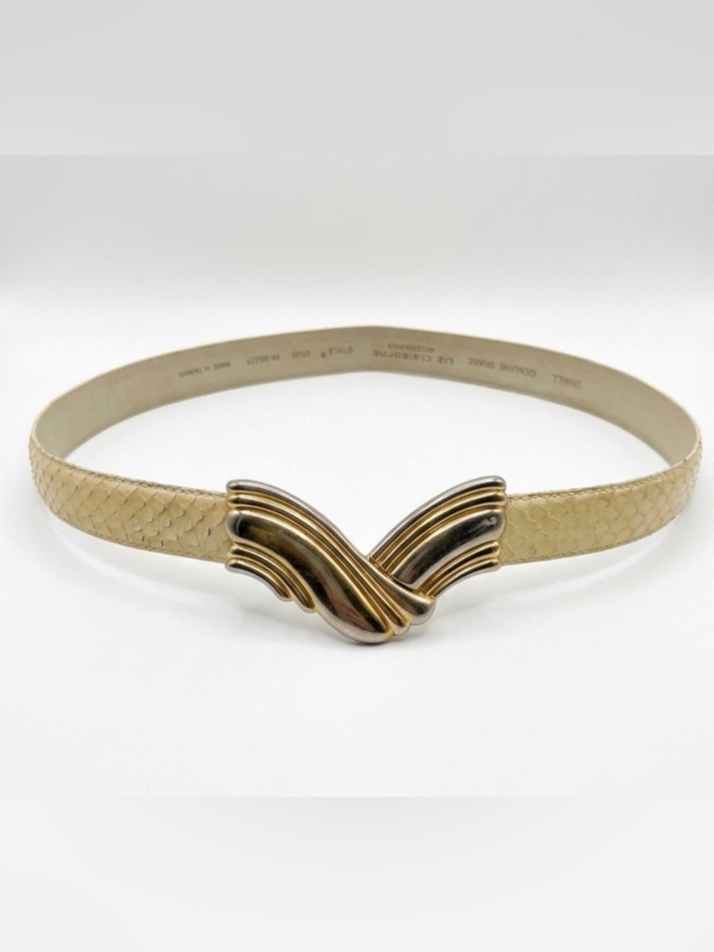 Vintage Liz Claiborne Genuine Snake Leather Skinny Belt - Cream/Gold